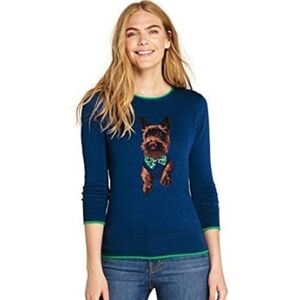 Lands' End Women's Harbor Blue Dapper Dog 3/4 Sleeve Sweater With Green Trim M/T